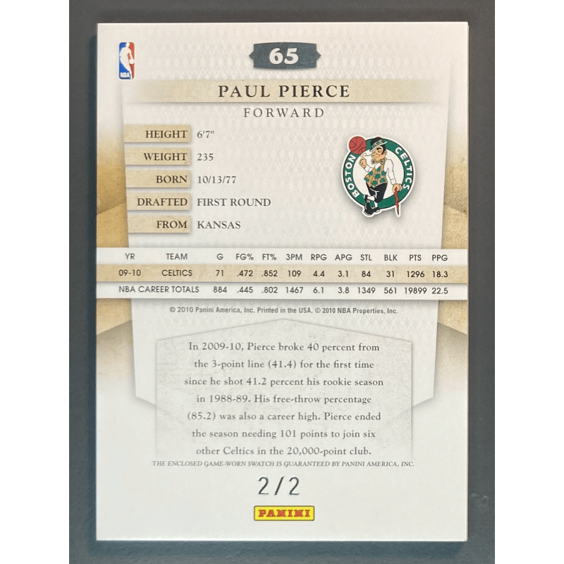 PAUL PIERCE 2010 PANINI TIMELESS TREASURES LAUNDRY TAG 2/2