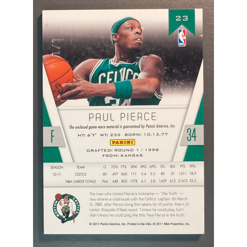 PAUL PIERCE 2010 PANINI CERTIFIED TOTALLY Black PATCH 1/1