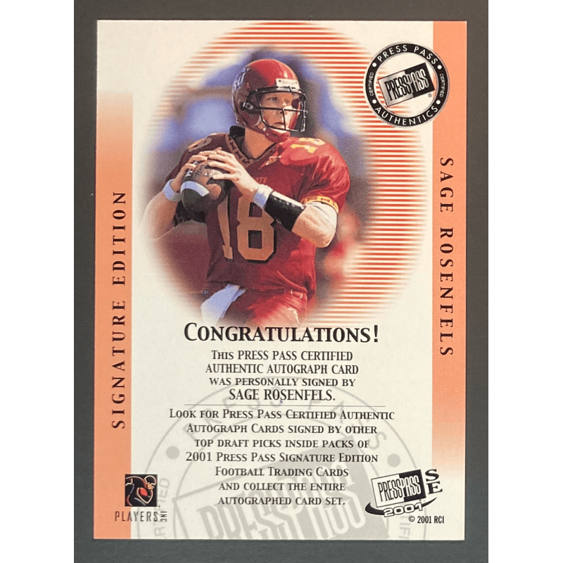 Sage Rosenfels 2001 Press Pass SE Autograph 214/250