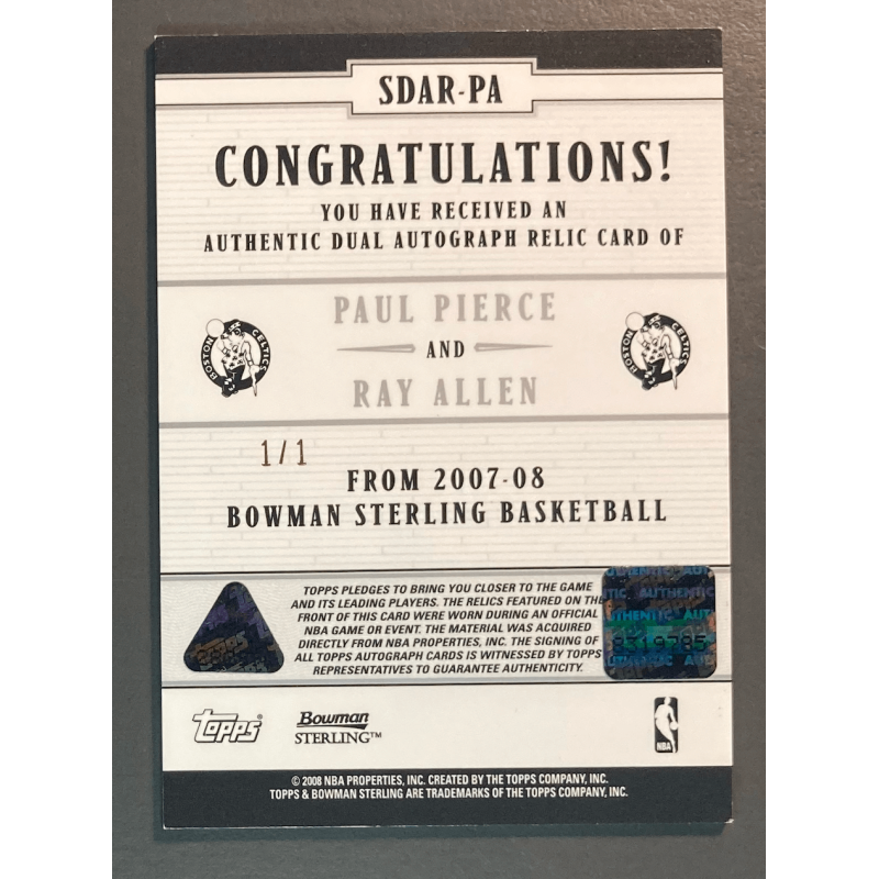 PAUL PIERCE / RAY ALLEN 2007 TOPPS BOWMAN STERLING auto 1/1