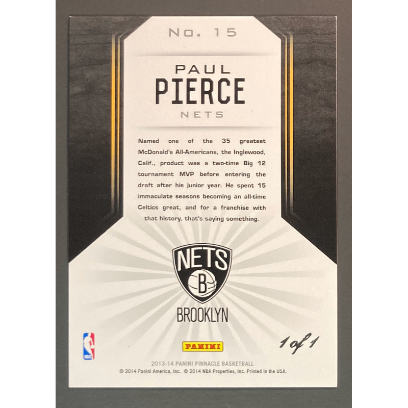 PAUL PIERCE 2013 PANINI PINNACLE ARTIST PROOF BLACK 1/1