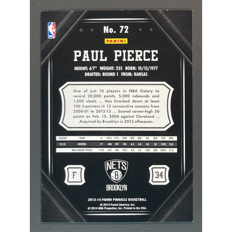 PAUL PIERCE 2013 PANINI PINNACLE ARTIST PROOF BLACK 1/1