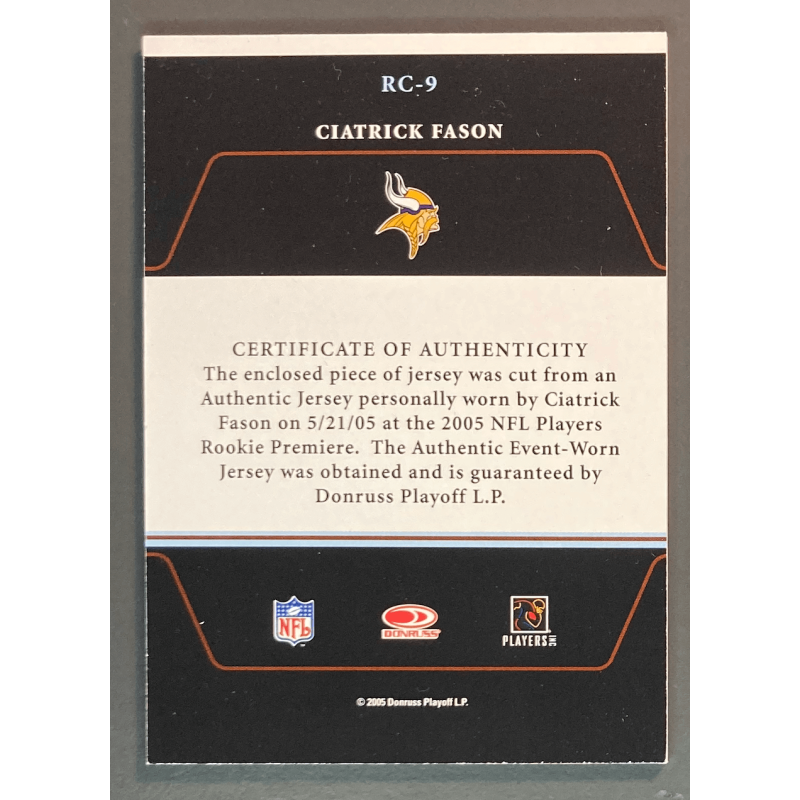 CIATRICK FASON 2005 Donruss Zenith Rookie Roll Call Jersey - RC9