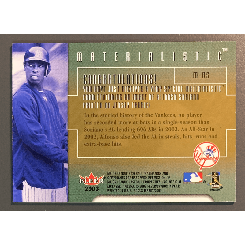 ALFONSO SORIANO 2003 Fleer Focus JE Materialistic Portrait Away - AS