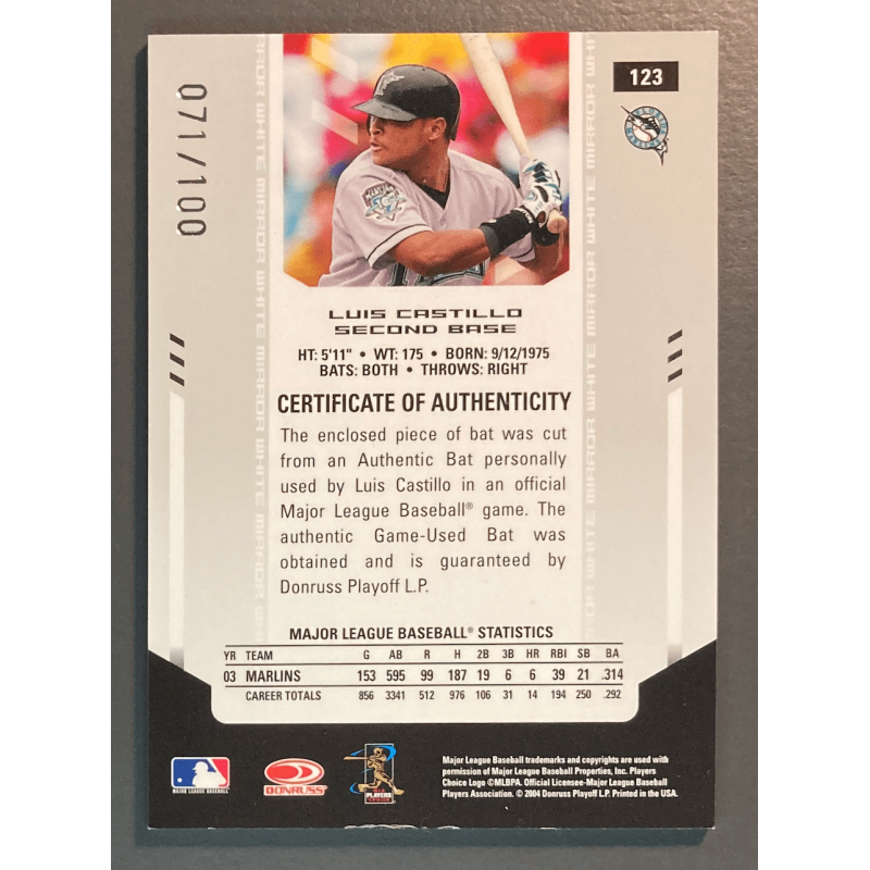 LUIS CASTILLO 2004 Leaf Certified Materials Mirror Bat White 071/100