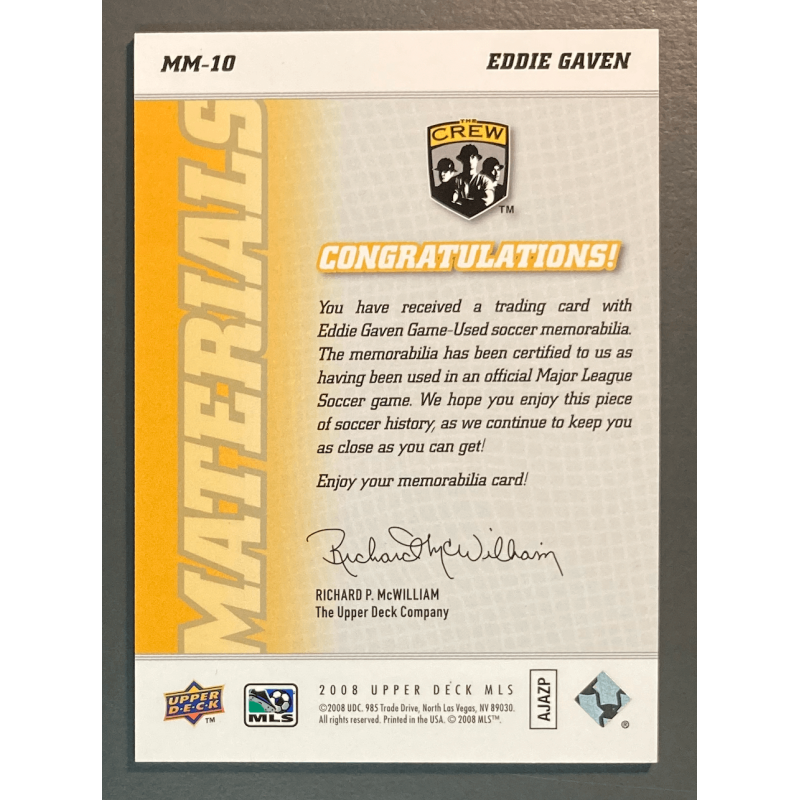 EDDIE GAVEN 2008 Upper Deck MLS Materials Jersey - MM10