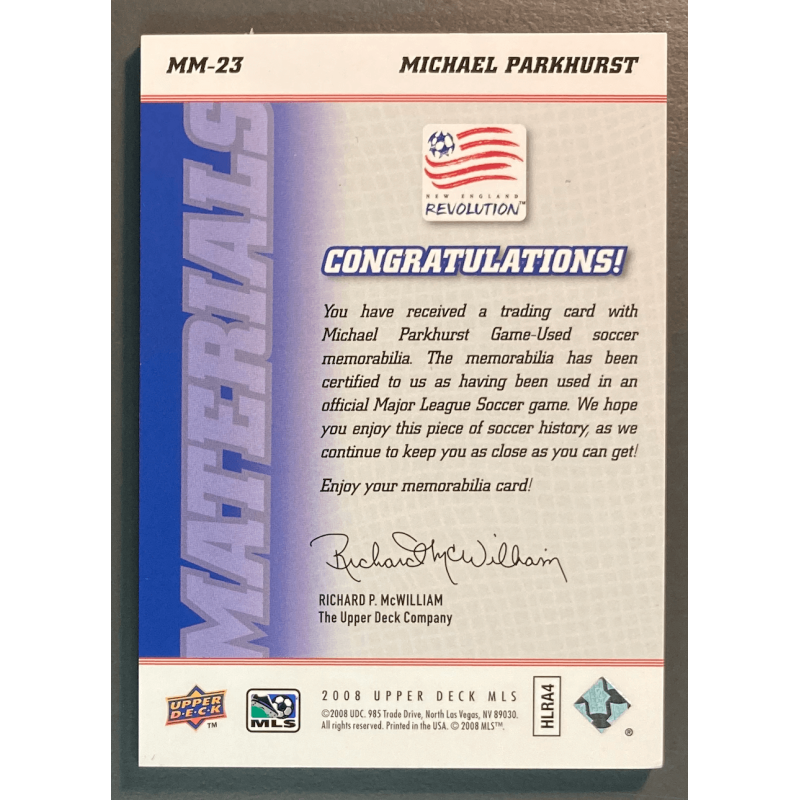 MICHAEL PARKHURST 2008 Upper Deck MLS Materials Jersey 49/50