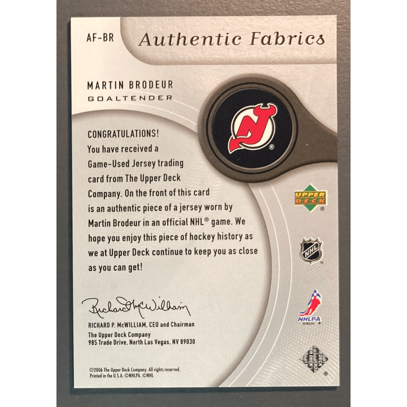 MARTIN BRODEUR 2005-06 SP Game Used Authentic Fabrics - AFBR