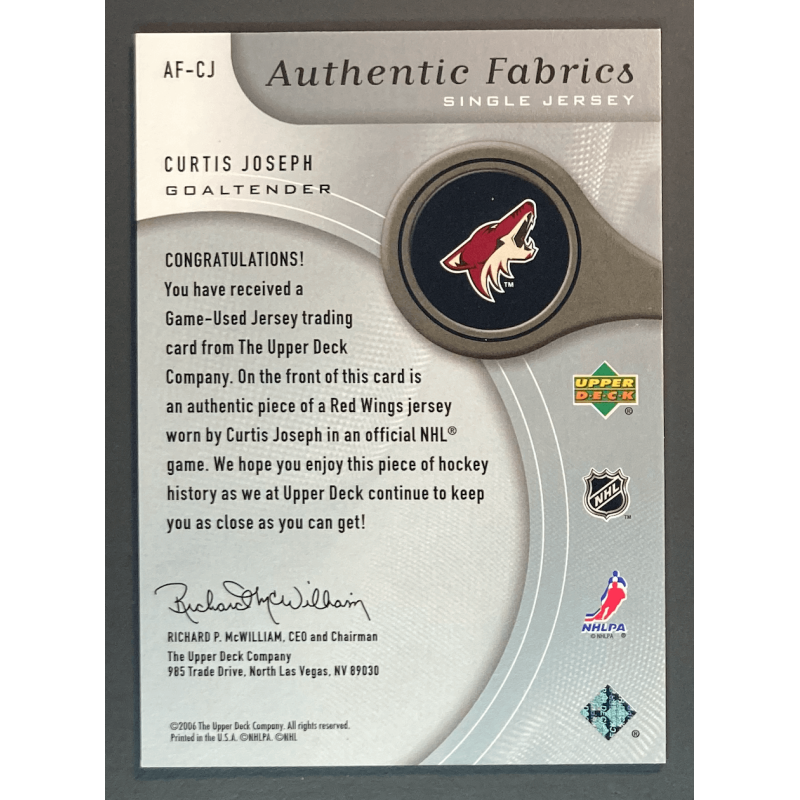 CURTIS JOSEPH 2005-06 SP Game Used Authentic Fabrics - AFCJ