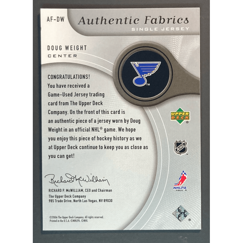 DOUG WEIGHT 2005-06 SP Game Used Authentic Fabrics - AFDW