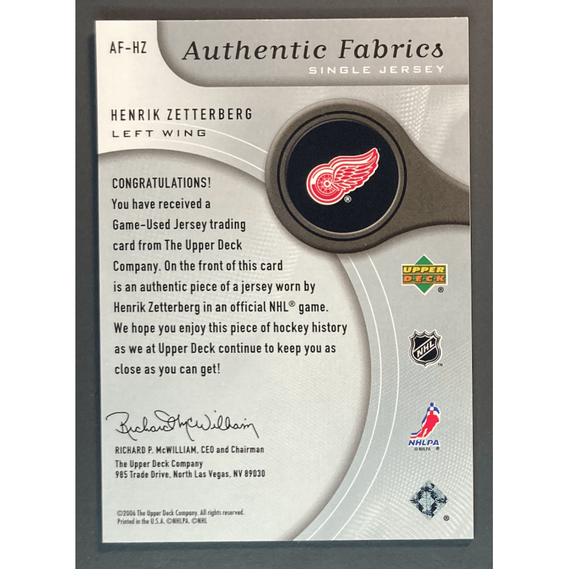 HENRIK ZETTERBERG 2005-06 SP Game Used Authentic Fabrics - AFHZ