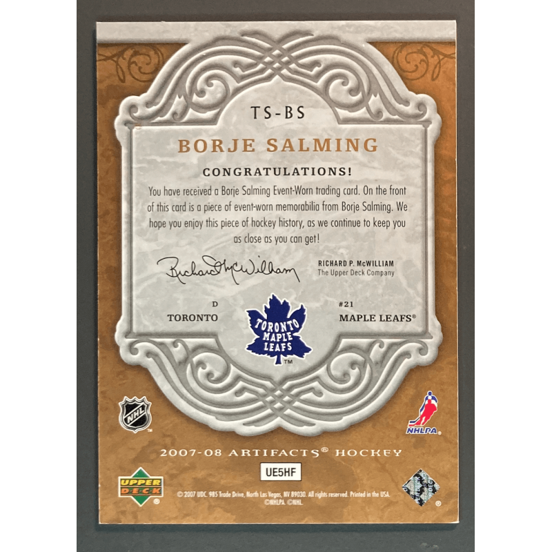 BORJE SALMING 2007-08 Artifacts Treasured Swatches jersey 276/299