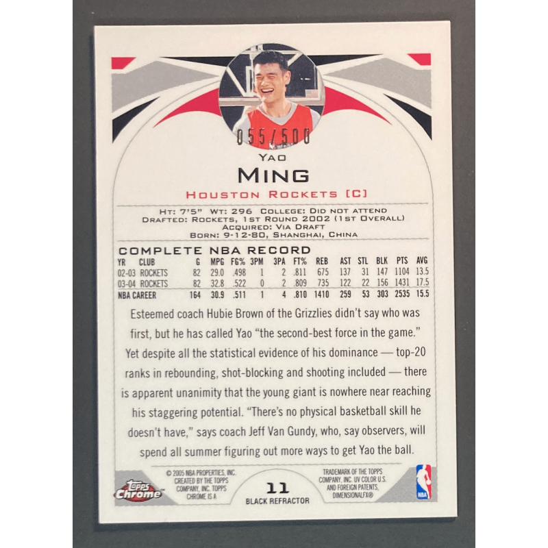 YAO MING 2004 TOPPS CHROME BLACK REFRACTOR 055/500