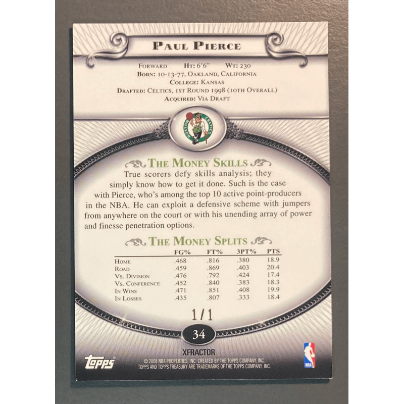 PAUL PIERCE 2008 TOPPS TREASURY X-FRACTOR BLACK 1/1