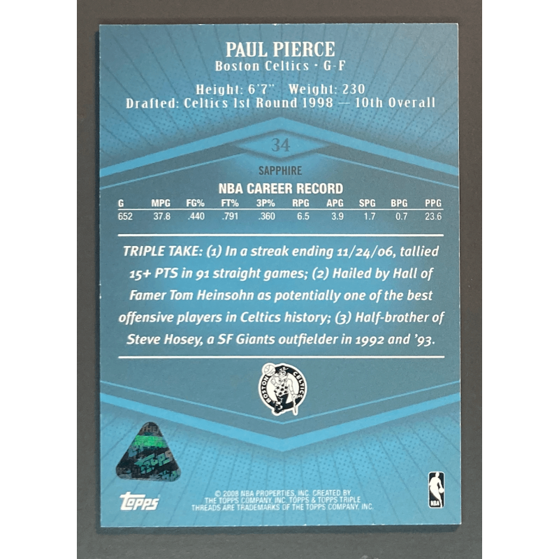 PAUL PIERCE 2007 TOPPS TRIPLE THREADS SAPPHIRE 1/1