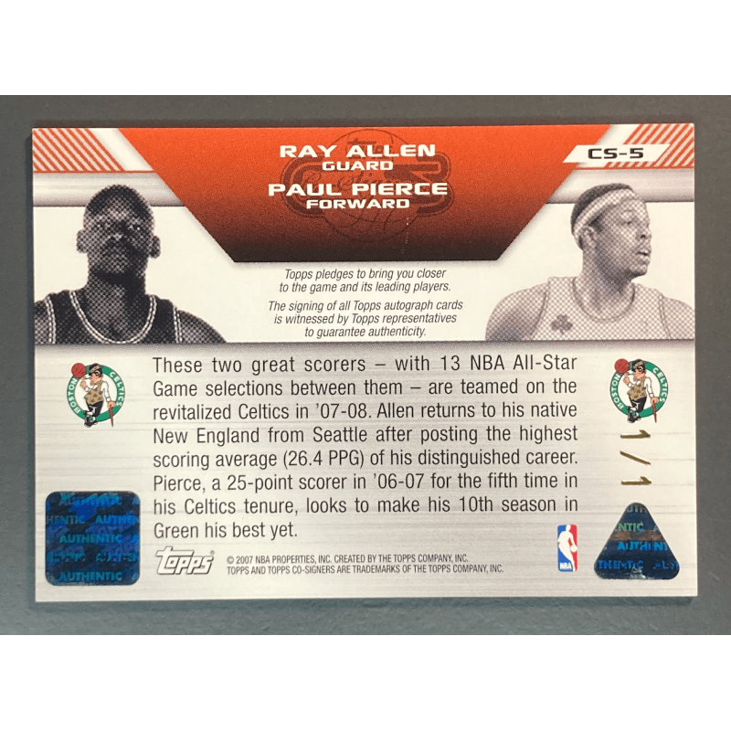 PAUL PIERCE / RAY ALLEN 2007 TOPPS CO-SIGNERS GOLD AUTO 1/1