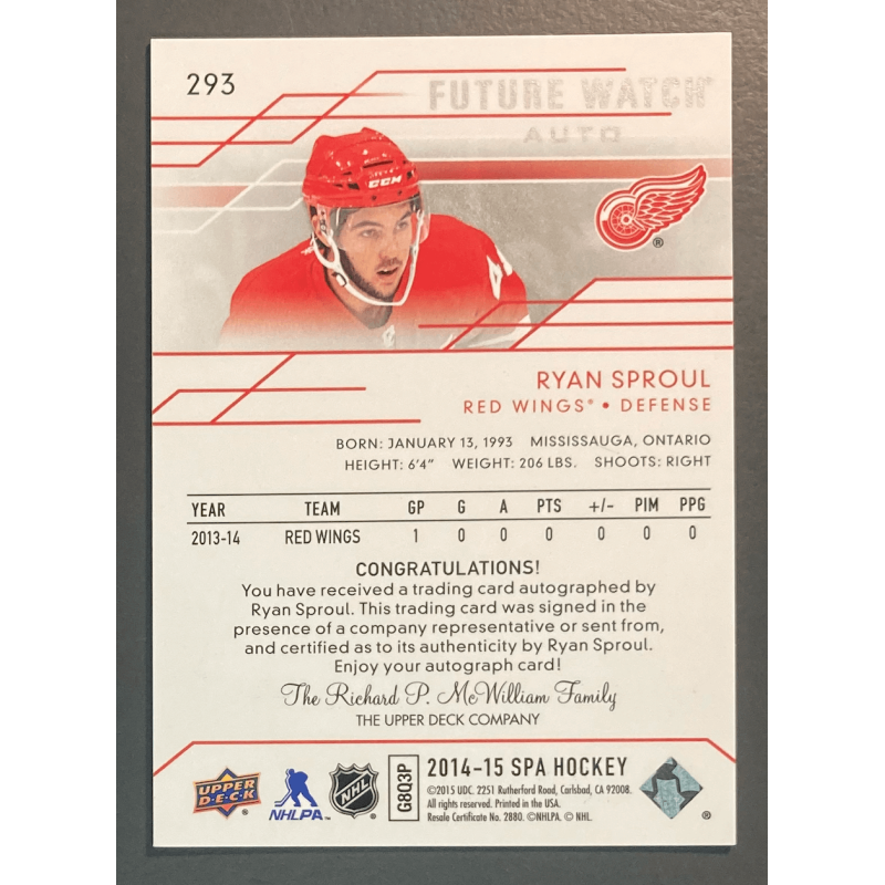 RYAN SPROUL 2014-15 SP AUTHENTIC FUTURE WATCH AUTO /999
