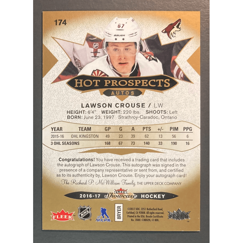 LAWSON CROUSE 2016-17 FLEER SHOWCASE HOT PROSPECTS AUTOGRAPH 288/499