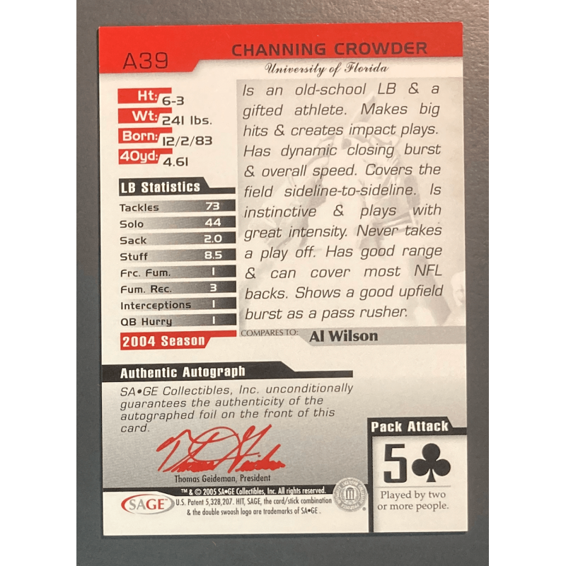 Channing Crowder 2005 Sage hit Autograph