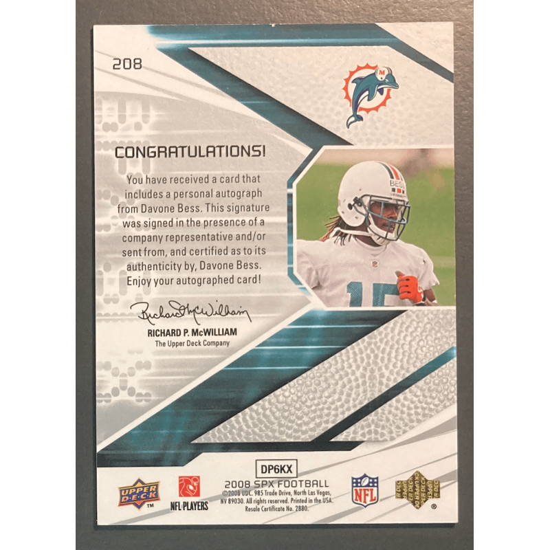 Davone Bess 2008 Upper Deck spx rookie Autograph 006/199