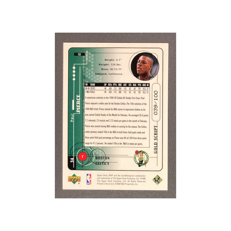 PAUL PIERCE 1999-00 Upper Deck MVP Gold Script 039/100