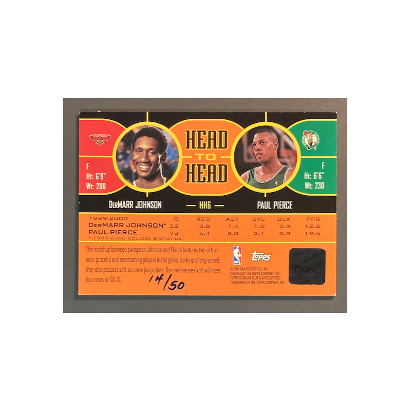 PIERCE / JOHNSON 2000-01 Stadium Club Head to Head Game Jerseys