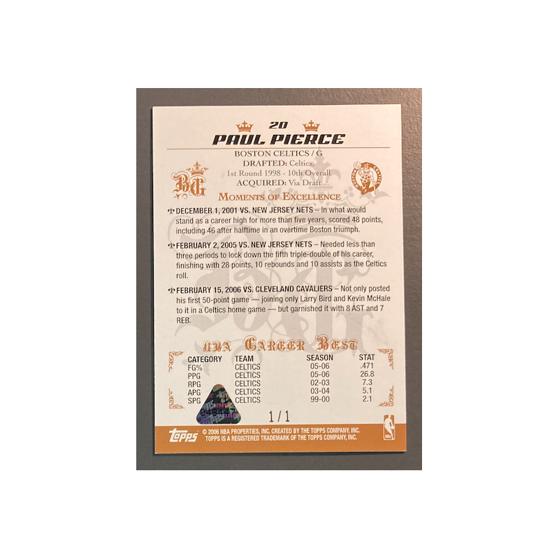 PAUL PIERCE 2006-07 Topps Big Game Gold 1/1
