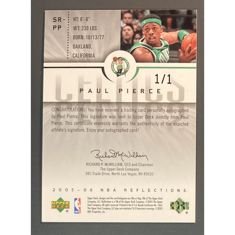 PAUL PIERCE 2005 UPPER DECK REFLECTIONS Autograph BLACK 1/1