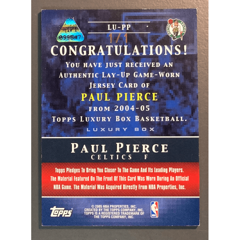 PAUL PIERCE 2004 TOPPS LUXURY BOX JERSEY LAY-UP 1/1