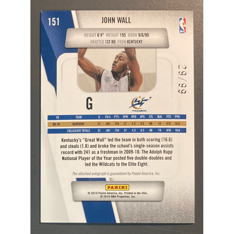 JOHN WALL 2010-11 Panini Prestige Bonus Shots draft picks rights Autograph 29/99