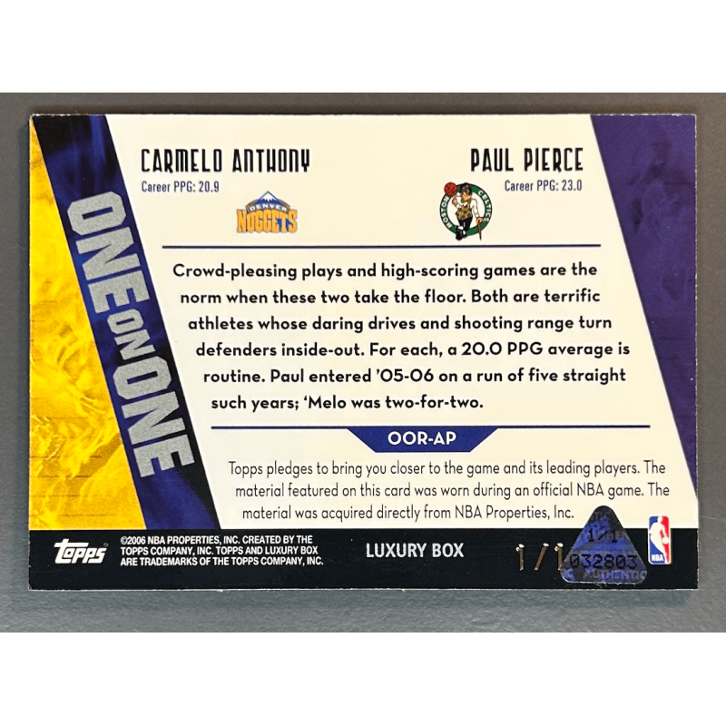 Paul PIERCE / Carmelo ANTHONY 2005-06 Topps Luxury dual jersey 1/1