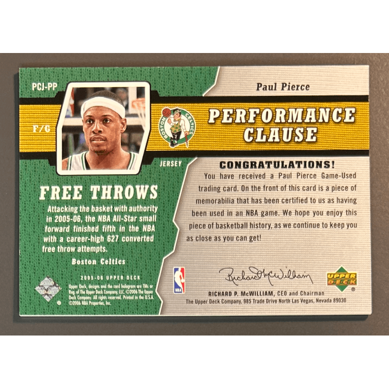 PAUL PIERCE 2005-06 UD performance clause jersey 012/250