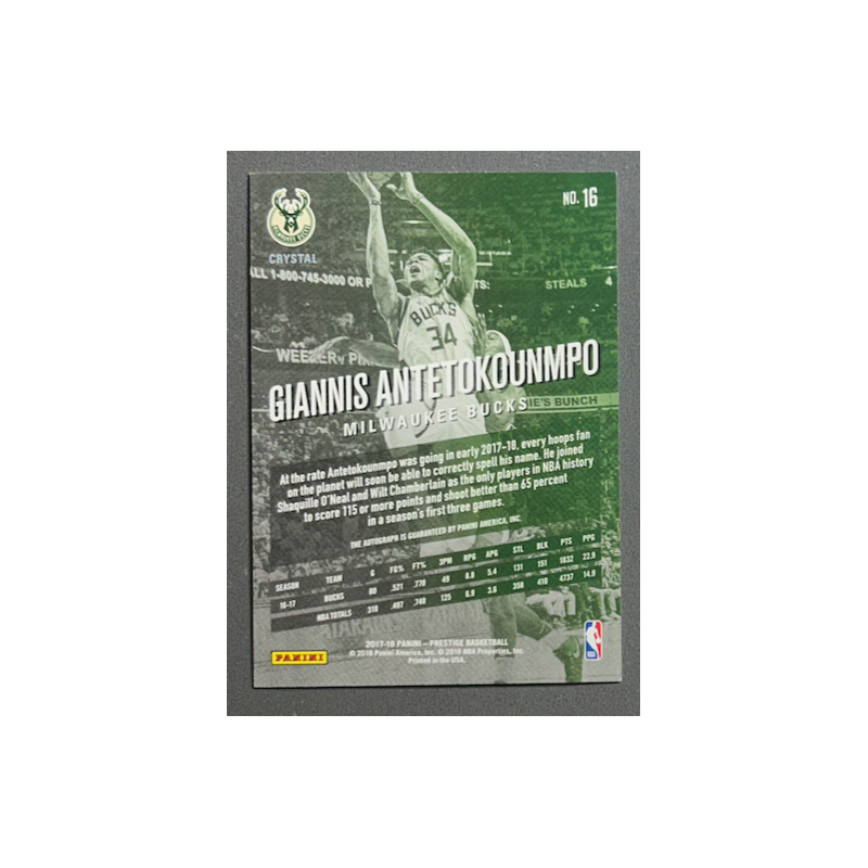 Giannis Antetokounmpo 2017- 18 Prestige Bonus Shots Signature Crystal