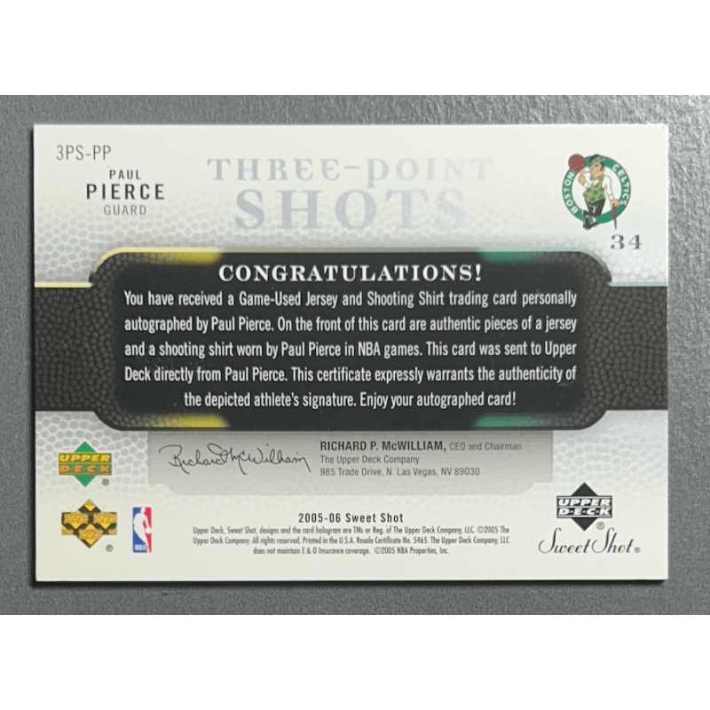 PAUL PIERCE 2005-06 UD Sweet Shot three-Point Shots Autograph