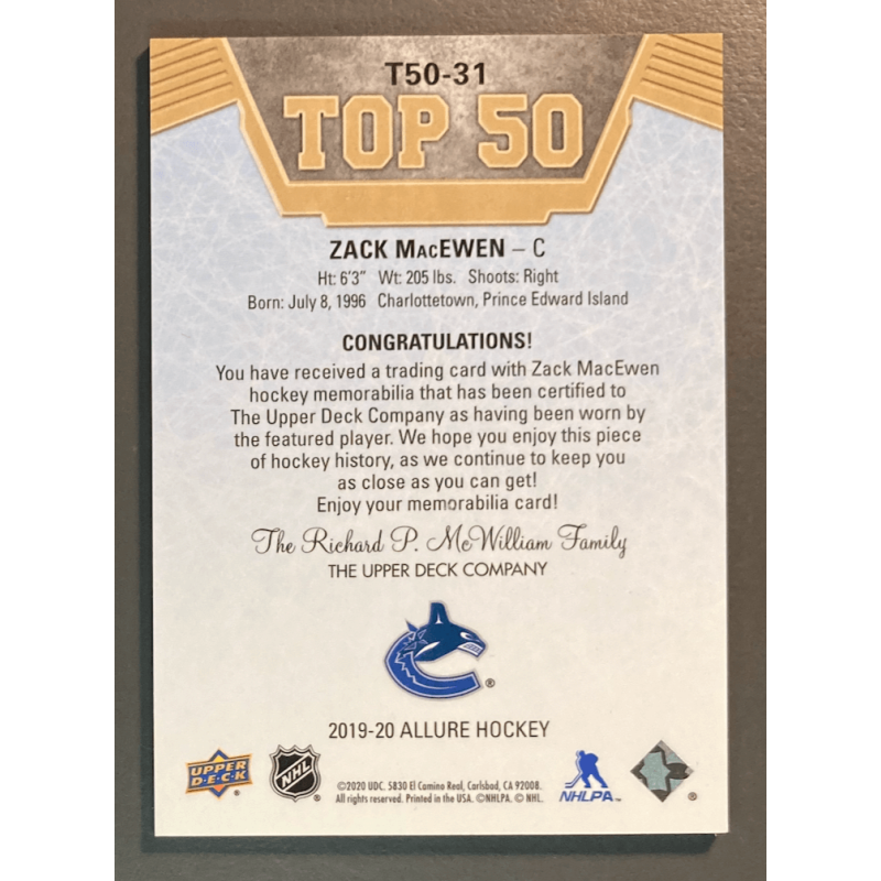 ZACK MacEWEN 2019-20 UPPER DECK ALLURE TOP 50 JERSEY