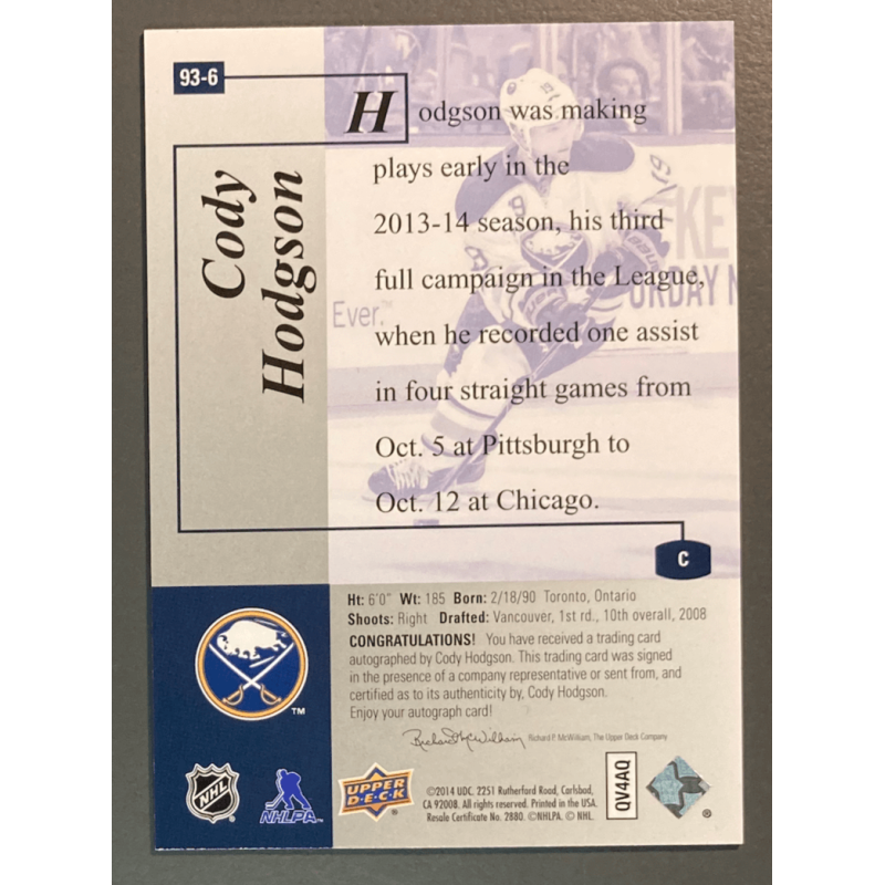 CODY HODGSON 2013-14 UD SP AUTHENTIC RETRO Autograph