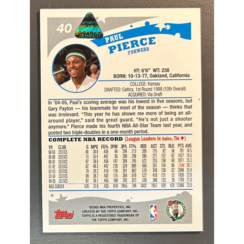PAUL PIERCE 2005-06 Topps 40 Yellow Printing Plate 1/1