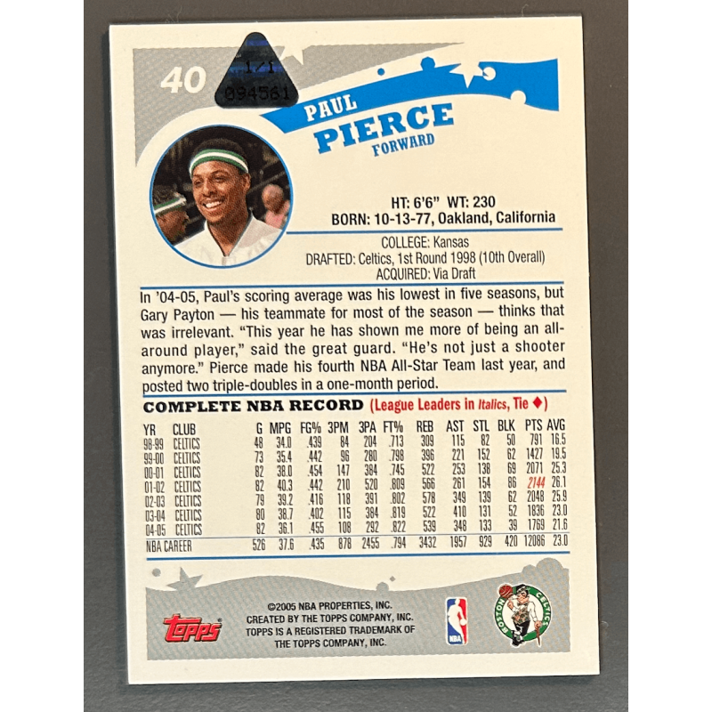 PAUL PIERCE 2005-06 Topps 40 magenta Printing Plate 1/1