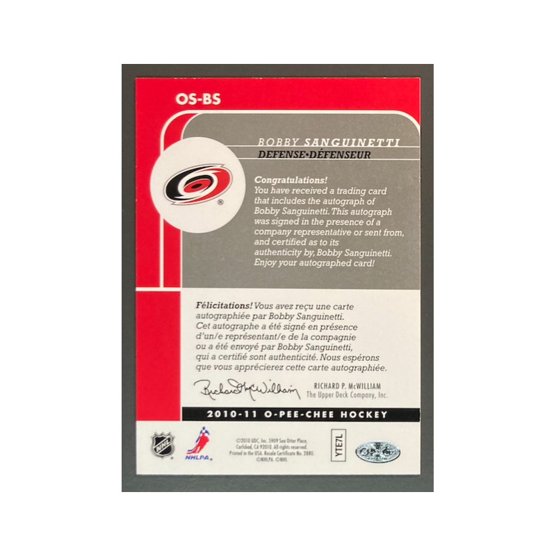 BOBBY SANGUINETTI 2010-11 O-PEE-CHEE AUTOGRAPH