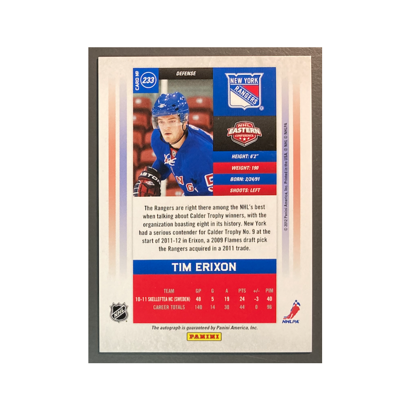 TIM ERIXON 2011-12 CONTENDERS ROOKIE AUTOGRAPH 230/800