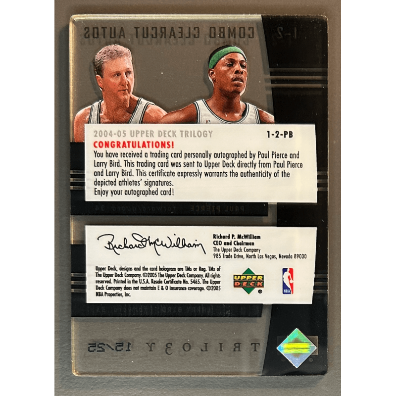 Paul Pierce / Larry Bird 2004-05 Upper Deck Trilogy Combo Clearcut Autographs 15/25