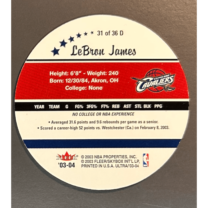 LEBRON JAMES 2003 ULTRA ROUNBALL DISC 31 OF 36