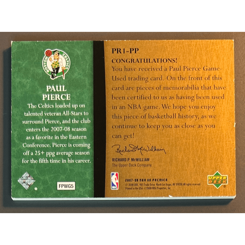 PAUL PIERCE 2007 UD PREMIER PATCH DUAL JERSEY 1/1