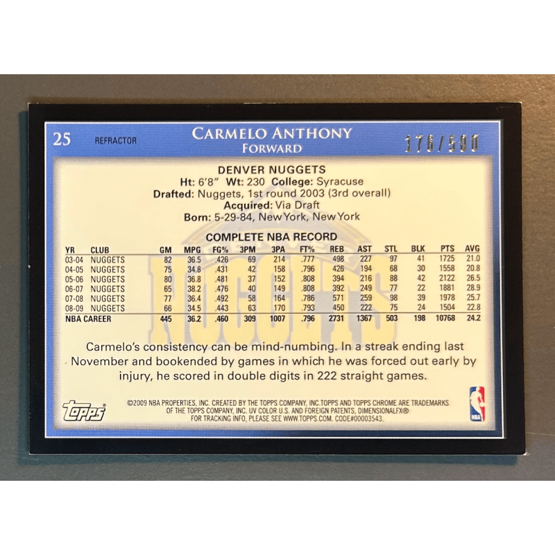 CARMELO ANTHONY 2009 TOPPS CHROME REFRACTOR 176/500