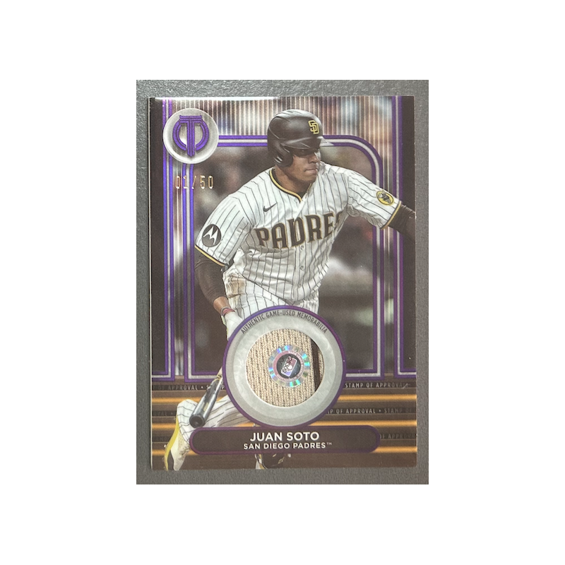 Juan Soto 2024 Topps Tribute stamp of approval relic purple 01/50