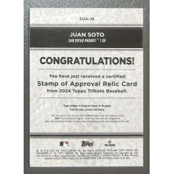 Juan Soto 2024 Topps Tribute stamp of approval relic purple 01/50