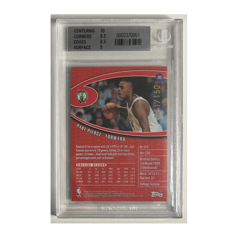 PAUL PIERCE 1998 STADIUM CLUB ONE OF A KIND ROOKIE 081/150