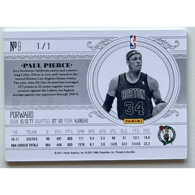 Paul Pierce 2010-11 Playoff National Treasures Century Platinum 1/1