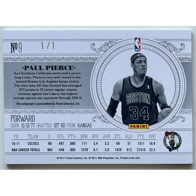 Paul Pierce 2010-11 Playoff National Treasures Century Signatures Platinum 1/1