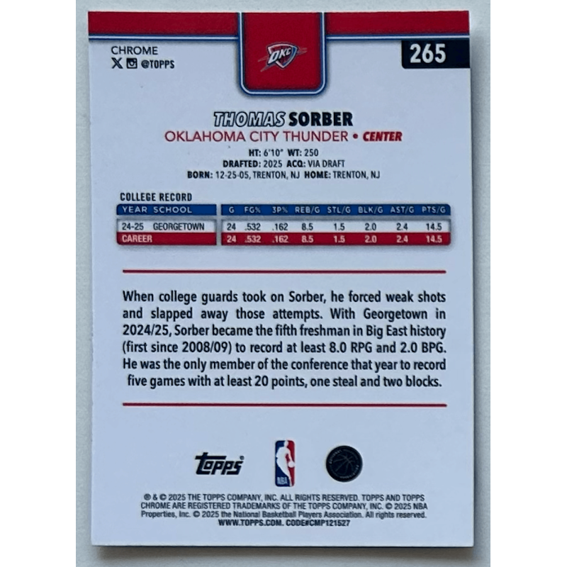 Thomas Sorber 2025 topps chrome rookie